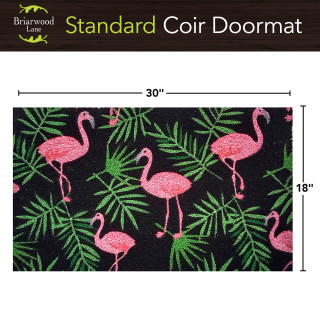 Flamingos and Leaves Coir Doormat, pink flamingos on green leaves, 18 x 30 inches, coir material.