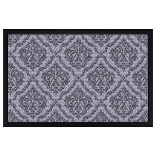Large gray paisley flocked doormat with black border and gray floral patterns on a gray background.