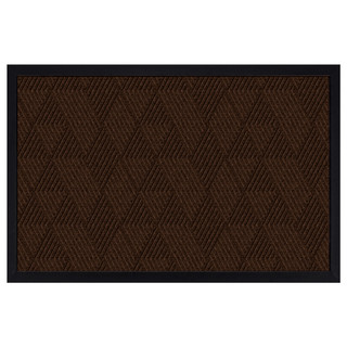 Brown geometric large flocked doormat with dark border and textured pattern on brown background shown.
