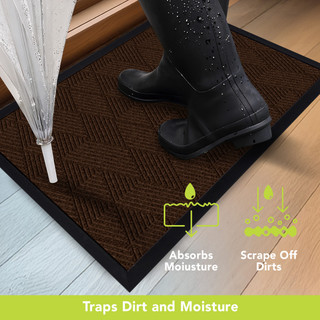 Brown geometric large flocked doormat with black border, absorbing moisture and scraping off dirt effectively.