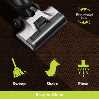 Brown geometric large flocked doormat on dark background with vacuum cleaner and cleaning icons nearby.