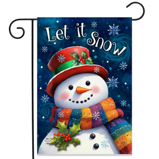 Friendly Winter Snowman Garden Flag with colorful scarf, hat, and holly on a snowy blue background.