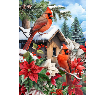 Cardinals and Poinsettias Garden Flag with two cardinals, poinsettias, and snow-covered cabin in winter scene.