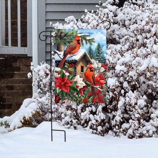 Cardinals and Poinsettias Garden Flag with red birds, poinsettias, and birdhouse on snowy winter scene.