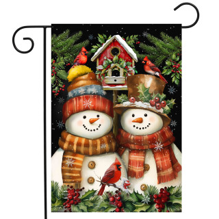 Snowman Pair Garden Flag with red hats and scarves, surrounded by holly and cardinals on black.