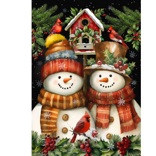 Snowman Pair Garden Flag with snowmen, cardinal, birdhouse, and festive holly on a black background.