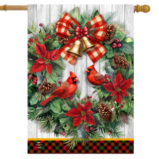 Cardinal Wreath House Flag with red cardinals, poinsettias, and plaid bow on white wood background.