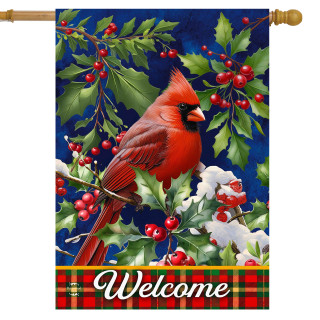 Cardinal and Holly House Flag with red bird, green holly, and welcome message on plaid background.
