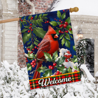 Cardinal and Holly house flag with red bird, green leaves, and Welcome text on plaid background.