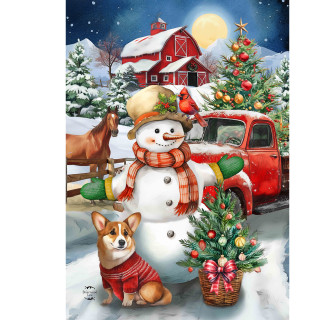 Snowman, corgi, and Christmas tree on snowy farm with red barn and truck, Country Snow Day House Flag.