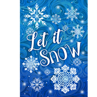 Let It Snow Snowflakes House Flag with white snowflakes on a blue swirly background design.