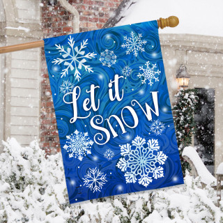 Blue house flag with white snowflakes and "Let It Snow" text on a snowy scene background.