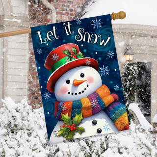 Friendly Winter Snowman House Flag with colorful scarf and hat on snowy background with Let it Snow.