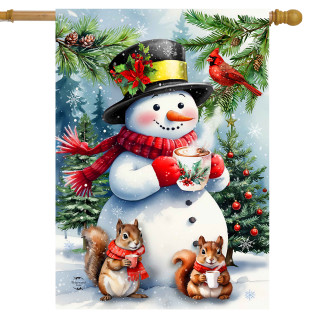 Hot Cocoa Snowman House Flag with snowman, squirrels, and cardinal in winter scene.