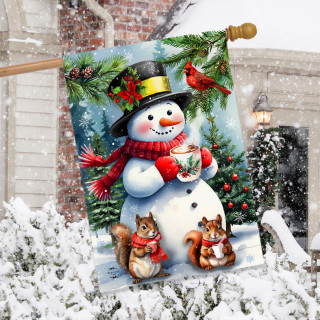 Hot Cocoa Snowman House Flag with snowman, squirrels, and cardinal on a winter scene background.