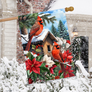 Cardinals and Poinsettias house flag with red birds, flowers, and snow-covered birdhouse on winter scene.