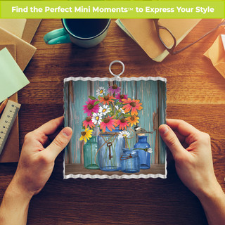 Farm Fresh Flowers Metal Mini Moment, colorful floral artwork in blue vase on wooden background.