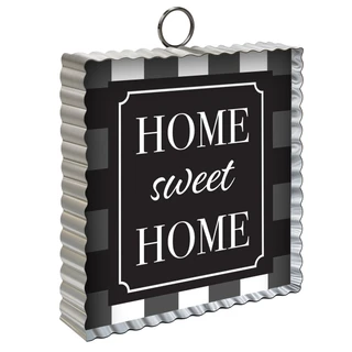 Black and white checkered metal mini moment with "Home Sweet Home" text on a decorative frame.