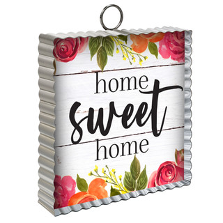 Farmhouse metal mini moment sign with "home sweet home" text and colorful floral design.