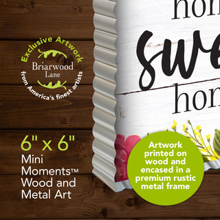 Farmhouse Home Sweet Home Metal Mini Moment, 6x6 inches, rustic wood and metal artwork piece.