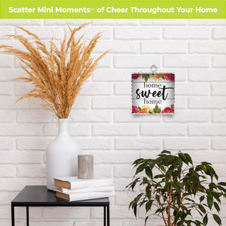 Farmhouse Home Sweet Home metal mini moment decorative wall sign with colorful floral accents.