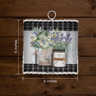 Farmhouse Flowers Metal Mini Moment, 6-inch metal decor with vases and flowers on plaid background.