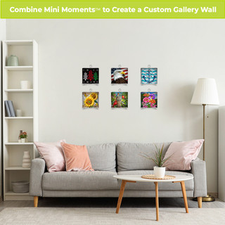 Metal mini moment art, Checkered Trees, on a wall with six colorful mini moments displayed.