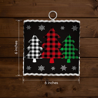 Black square cloth with white trim, featuring 3 checkered Christmas trees and snowflakes, 6x6 inches.