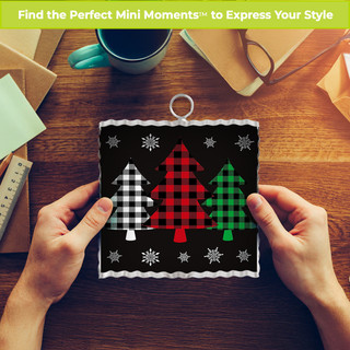 Checkered Trees Metal Mini Moment, black background with white, red, and green plaid Christmas trees.
