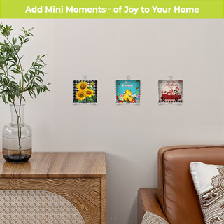 Metal mini moment decor with checkered sunflowers, small size, home interior design accessory on wall.