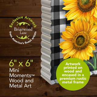 Checkered sunflowers mini moment artwork on wood encased in rustic metal frame, 6x6 inches.