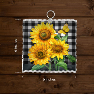 Metal mini moment with checkered sunflowers design, 6x6 inches, yellow sunflowers and butterfly on black checkered.
