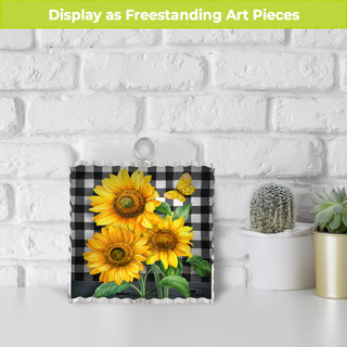 Metal mini moment with yellow sunflowers on black and white checkered background, hanging decor.