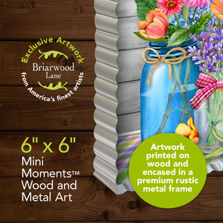 Spring Floral Jars Metal Mini Moment, blue jar with flowers and ribbon on rustic metal frame.