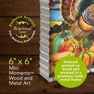 Turkey and pumpkins artwork on wood encased in a premium rustic 6x6 inch metal frame.