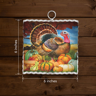 Turkey and pumpkins metal mini moment, 6x6 inches, colorful turkey with pumpkins and fall scenery.