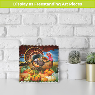 Turkey and Pumpkins Metal Mini Moment, colorful metal art piece with turkey and pumpkins depicted.