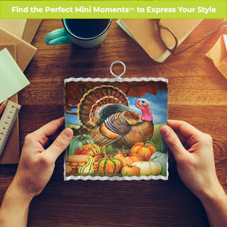 Turkey and Pumpkins Metal Mini Moment, colorful turkey with pumpkins, white border, small size.