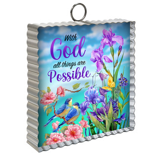 Metal mini moment keychain with colorful flowers, birds, and "With God" inspirational quote on silver background.