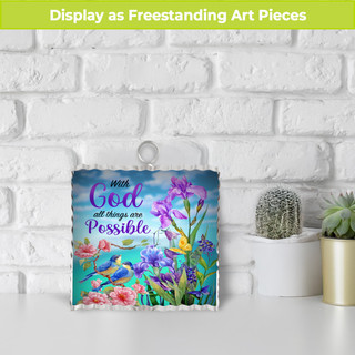 Metal mini moment plaque with purple flowers and inspirational quote on white background with plants.