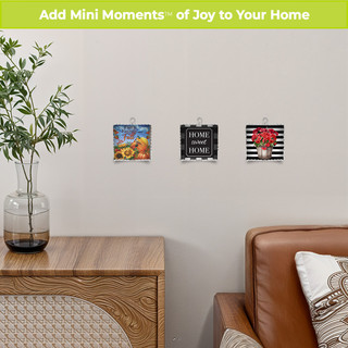 Faith Family and Fall Metal Mini Moment decorative wall art with autumn theme and cozy living room.