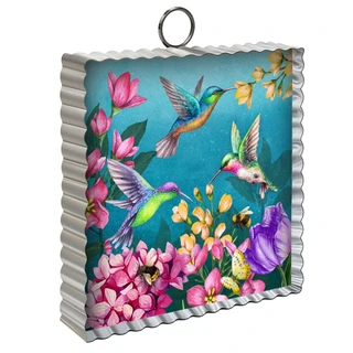 Springtime Hummingbirds Metal Mini Moment with colorful hummingbirds and flowers on a blue background.