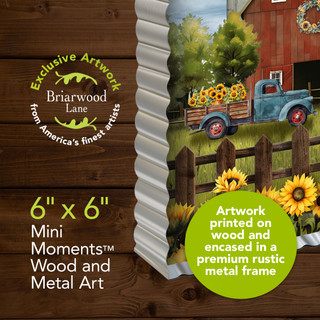Sunflower Barn Metal Mini Moment, 6x6 inch rustic metal frame with truck and sunflowers artwork.
