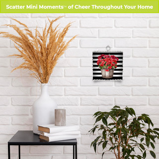 Striped Geraniums Metal Mini Moment decorative wall art with red flowers on black and white stripes.