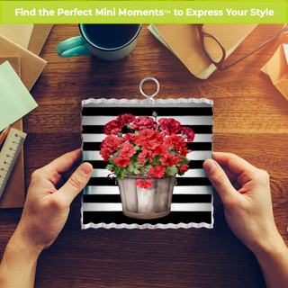 Striped Geraniums Metal Mini Moment, small metal holder with red flowers on black and white stripes.