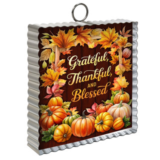 Metal mini moment with grateful thankful blessed text surrounded by pumpkins and autumn leaves design.