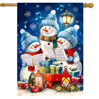 Singing Snowmen House Flag, three snowmen in hats singing with music notes and winter gifts.