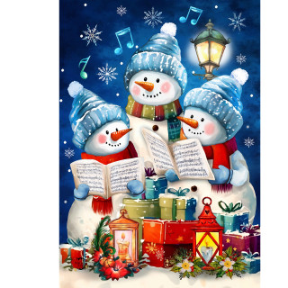 Three cheerful snowmen in blue hats and scarves singing Christmas carols with presents and lanterns nearby.