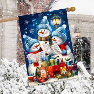 Singing Snowmen House Flag with three snowmen wearing hats and scarves singing carols at night.