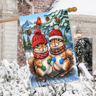 Winter Chipmunks House Flag with two chipmunks wearing hats and scarves on a snowy background.